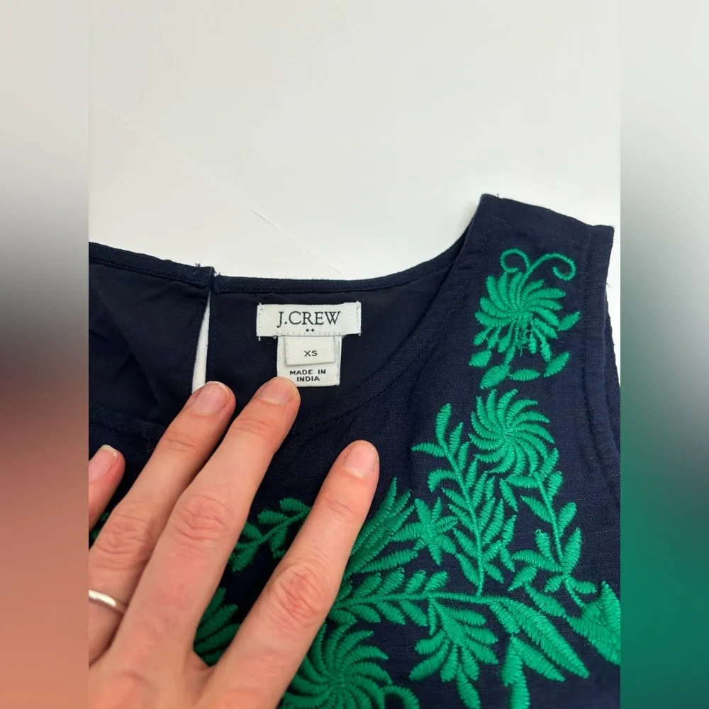 J Crew linen embroidered shift‎ dress, navy and green, with pockets XS, bohemian